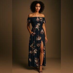 Xhilaration Navy Floral Off-Shoulder Maxi Dress – Size S